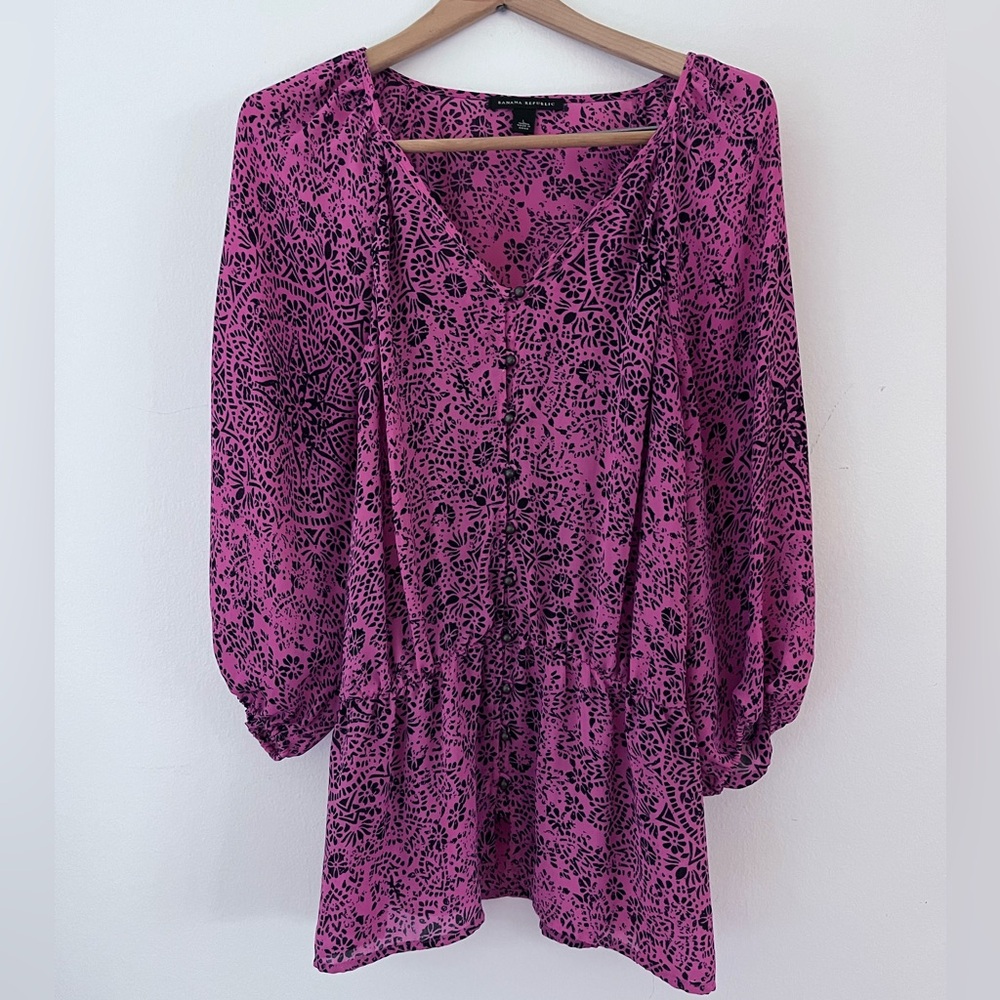 Banana Republic Long Sleeve Blouse Floral Print Sheer Large Pink Black
